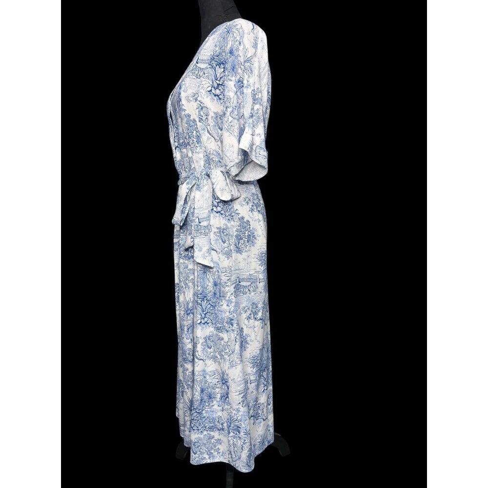 H&M Blue White Scenic Print Maxi Dress Women 0 Belted V-Neck Boho Summer - Picture 3 of 10